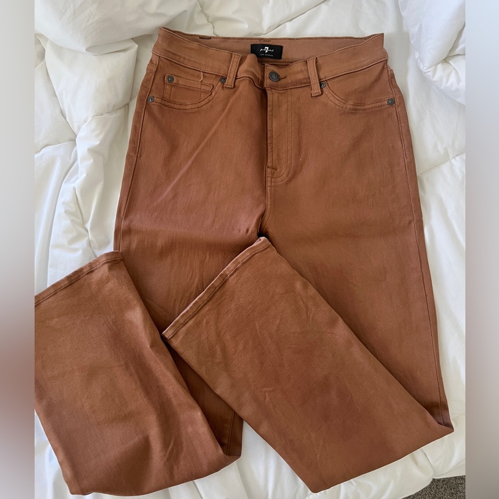 7 for All Mankind Cropped Kick Flare Jeans in Brown Coated Leather. Size 27.